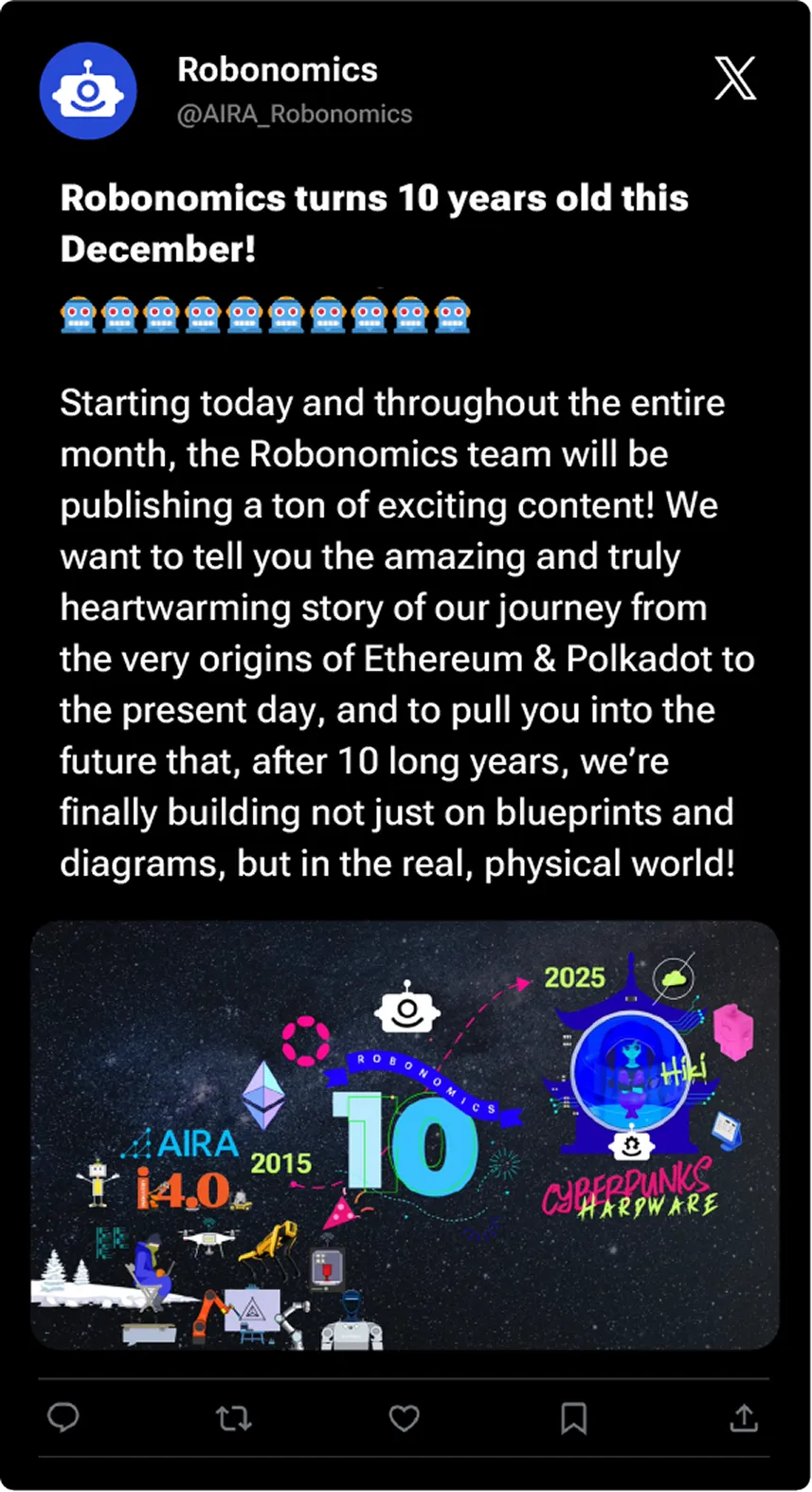 Tweet from Robonomics about 10 year anniversary