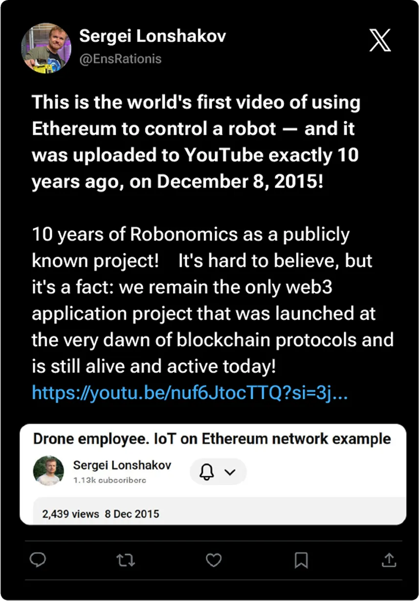 Tweet about world's first video of using Ethereum to control a robot